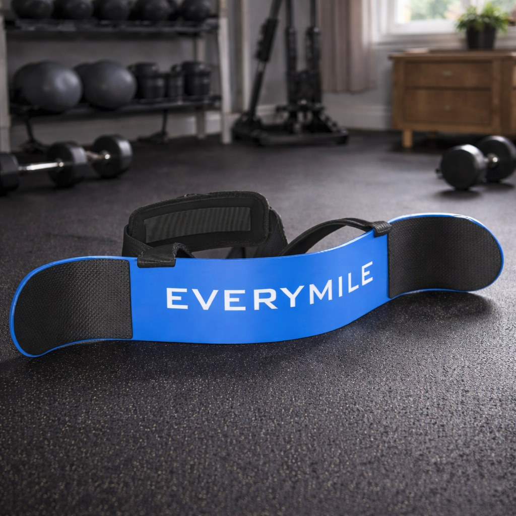 Blue GymWave Arm Blaster demonstrating proper form during curls