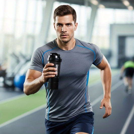 Side view showing the sleek design of the protein shaker bottle