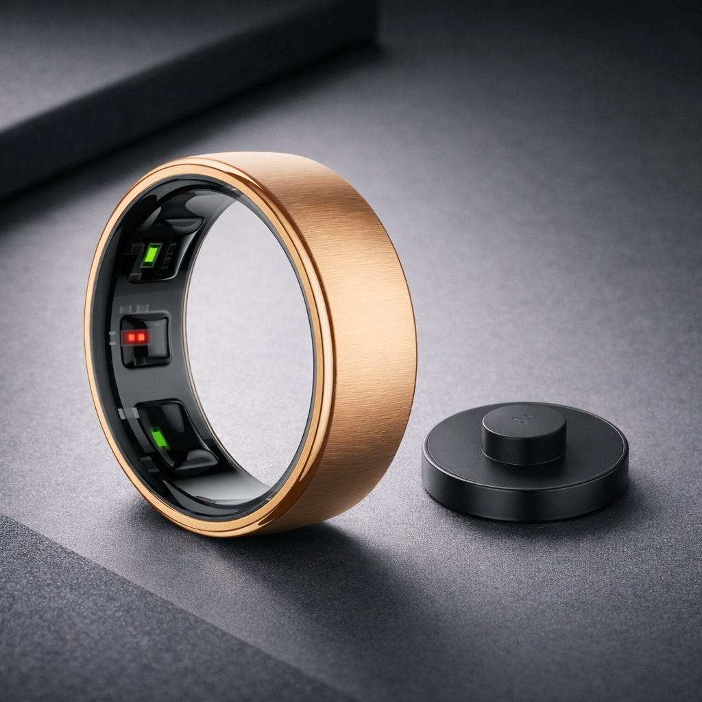 UhOfit 10 smart ring in rose gold with sensor array and charging dock.