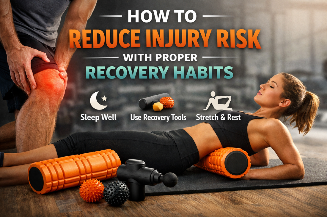 Woman using a foam roller on her back while a man holds his knee with a red glow showing discomfort, surrounded by massage balls, a massage gun, and recovery tools, illustrating proper recovery habits to reduce injury risk.