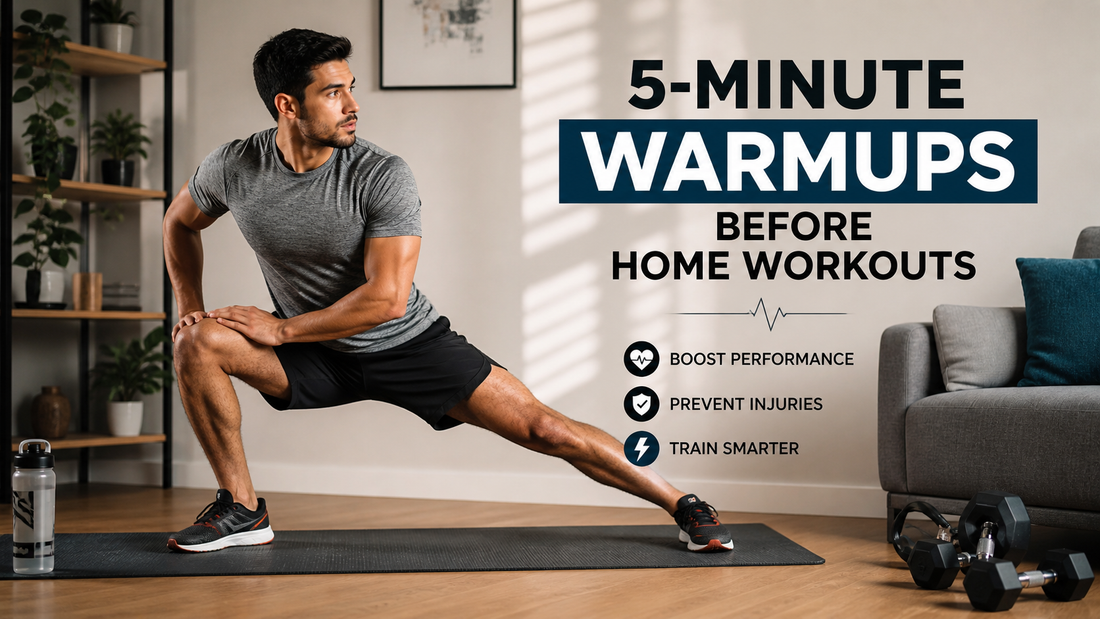 Man performing a dynamic warmup lunge in a modern home gym before a workout to improve performance and prevent injuries