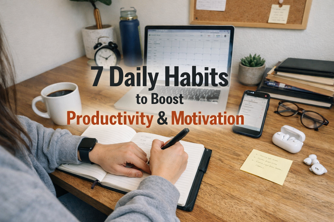 Infographic showing 7 daily habits to boost productivity and motivation, including goal setting, exercise, healthy eating, limiting distractions, taking breaks, staying organized, and starting the day early in a bright workspace setting.