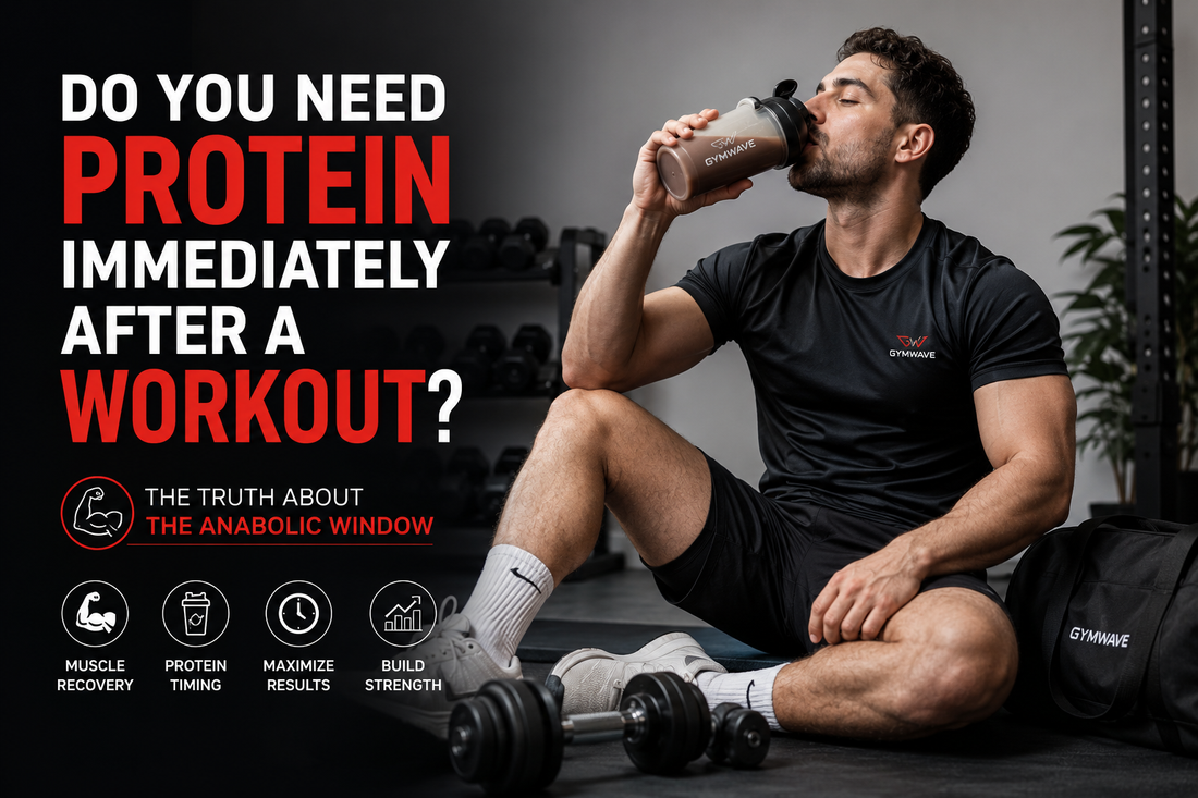 Athlete drinking a protein shake after a home workout with dumbbells and resistance bands for muscle recovery.