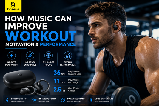 Athlete wearing wireless Baseus earphones while exercising in the gym