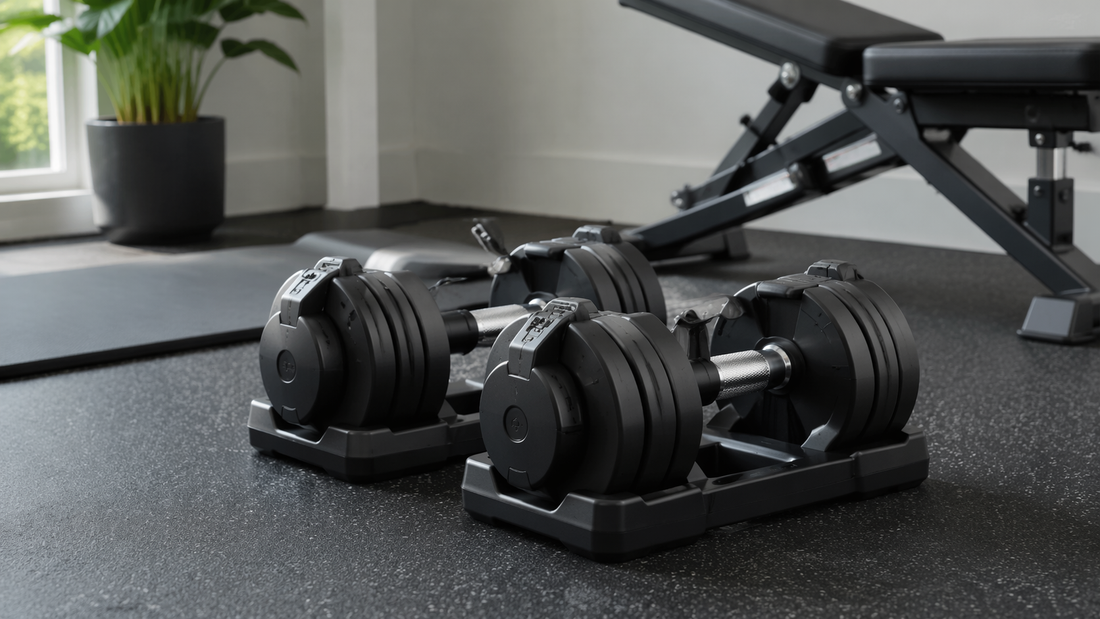 Adjustable dumbbells on a clean modern home gym floor with bench and natural light from window