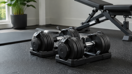 Adjustable dumbbells on a clean modern home gym floor with bench and natural light from window