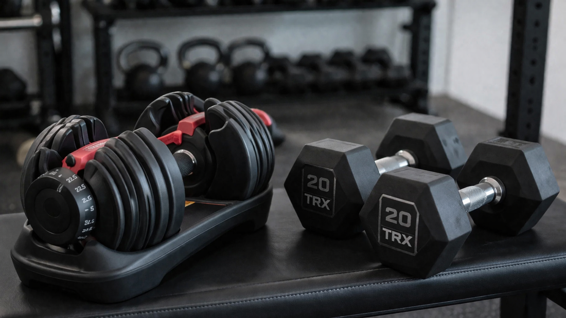 Adjustable dumbbells and fixed hex dumbbells on a bench in a modern home gym setup