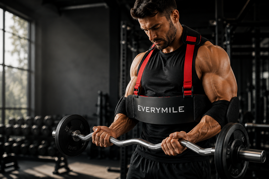 Athlete performing strict bicep curls using a sports arm blaster for improved arm isolation and muscle growth
