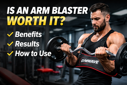Man using an arm blaster for bicep curls in gym showing proper form, benefits and results of arm blaster training