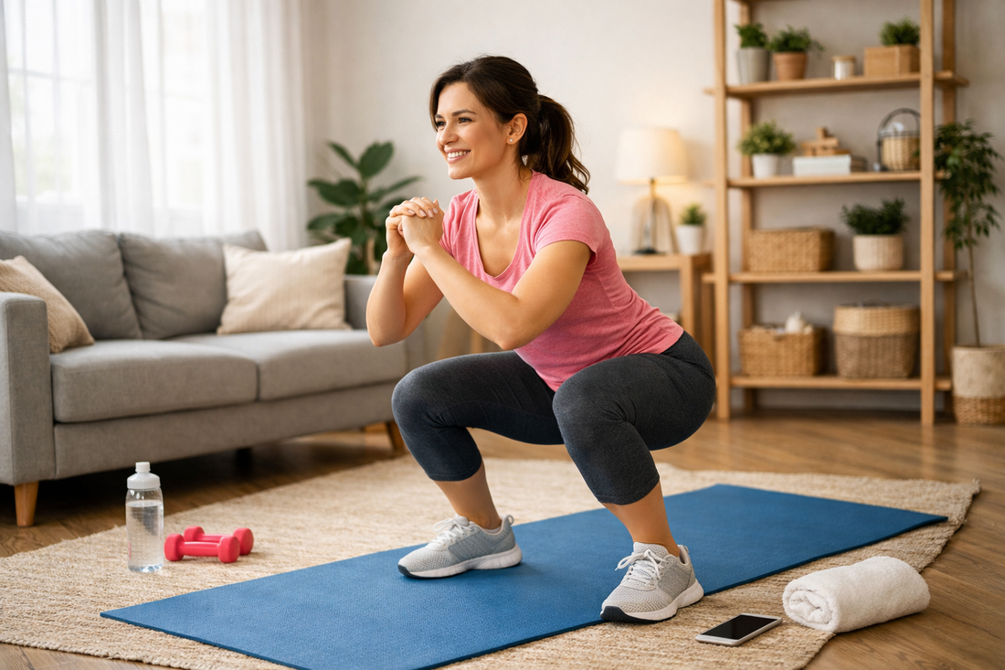 Woman doing beginner-friendly home exercises in a living room