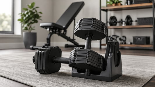 Adjustable dumbbells placed in a modern home gym setup, representing the best adjustable dumbbells for home workouts in 2026