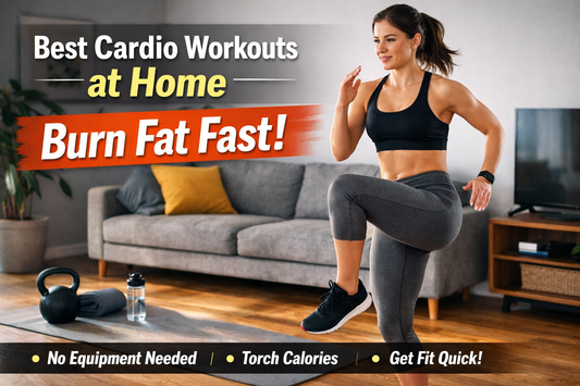 Woman doing high knees in a living room for a home cardio workout, surrounded by a yoga mat, kettlebell, and water bottle, emphasizing fat-burning exercises.