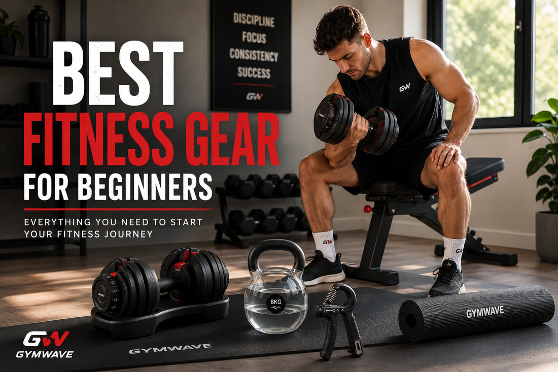 Beginner home gym setup featuring adjustable dumbbells, yoga mat, kettlebell, grip trainer, and fitness accessories for effective home workouts.