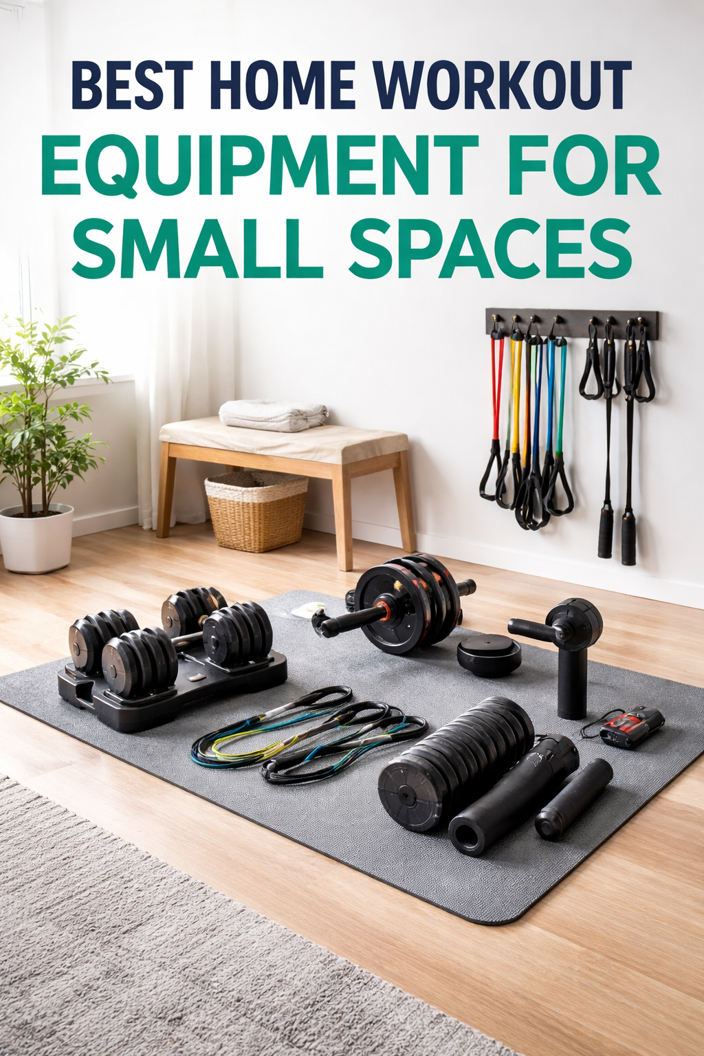Best home workout equipment for small spaces including resistance bands, adjustable dumbbells, foam roller, and compact fitness accessories in a modern apartment home gym