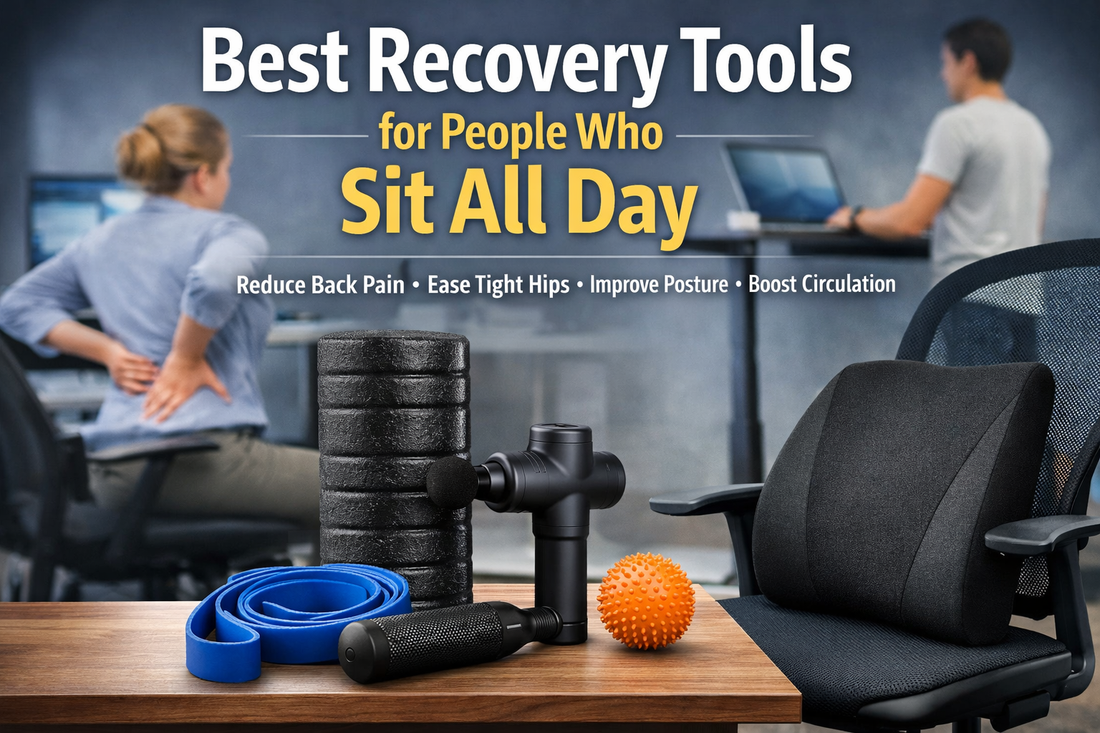 Best recovery tools for people who sit all day including foam roller, massage gun, resistance bands, and lumbar support in an office workspace.