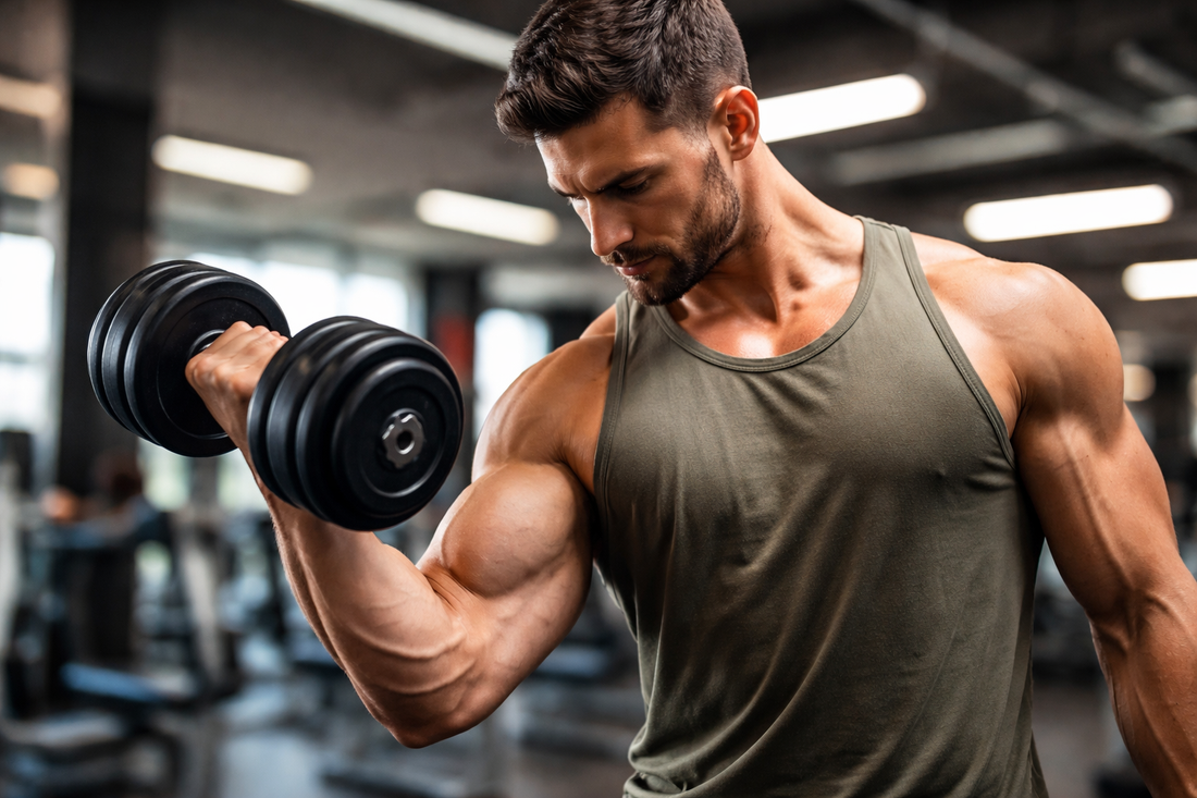 man performing biceps curl exercise during arm workout for muscle growth