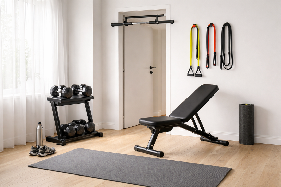 Budget home gym setup under $300 with adjustable dumbbells, workout bench, resistance bands, pull-up bar and yoga mat in a minimalist apartment workout space.