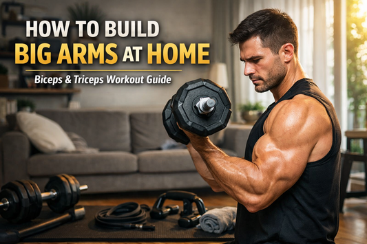 Man performing dumbbell bicep curl at home gym demonstrating how to build big arms with home workout equipment