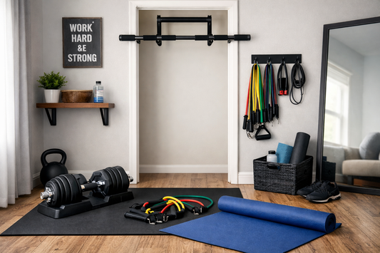 Realistic budget home gym setup with adjustable dumbbells, resistance bands, doorway pull-up bar, and workout mat in a small apartment space