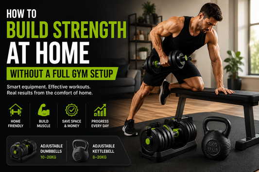 Person performing a strength training workout at home using adjustable dumbbells and kettlebells