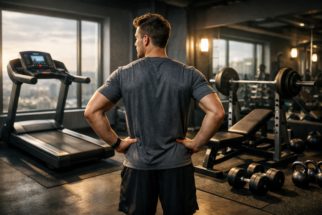 Person comparing cardio machines and strength training in a modern gym, with a treadmill on one side and a weight bench with dumbbells on the other, cinematic realistic fitness scene