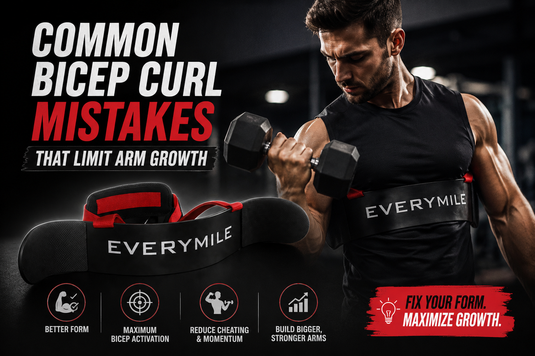 Man performing strict bicep curls with proper form using an arm blaster to maximize arm growth