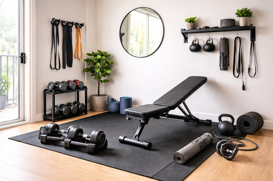 Compact home gym setup in a small space with dumbbells, bench, resistance bands, and workout mat in a modern apartment