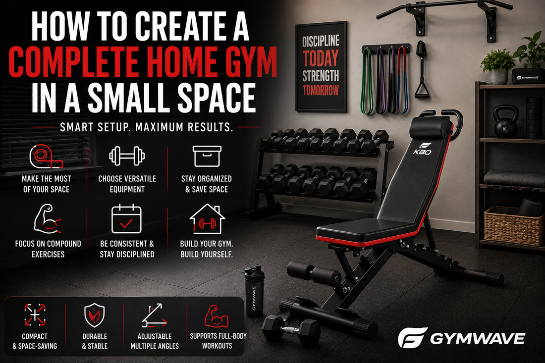 Compact home gym setup featuring an adjustable workout bench, dumbbells, and resistance equipment in a small room