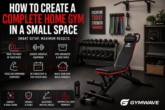 Compact home gym setup featuring an adjustable workout bench, dumbbells, and resistance equipment in a small room