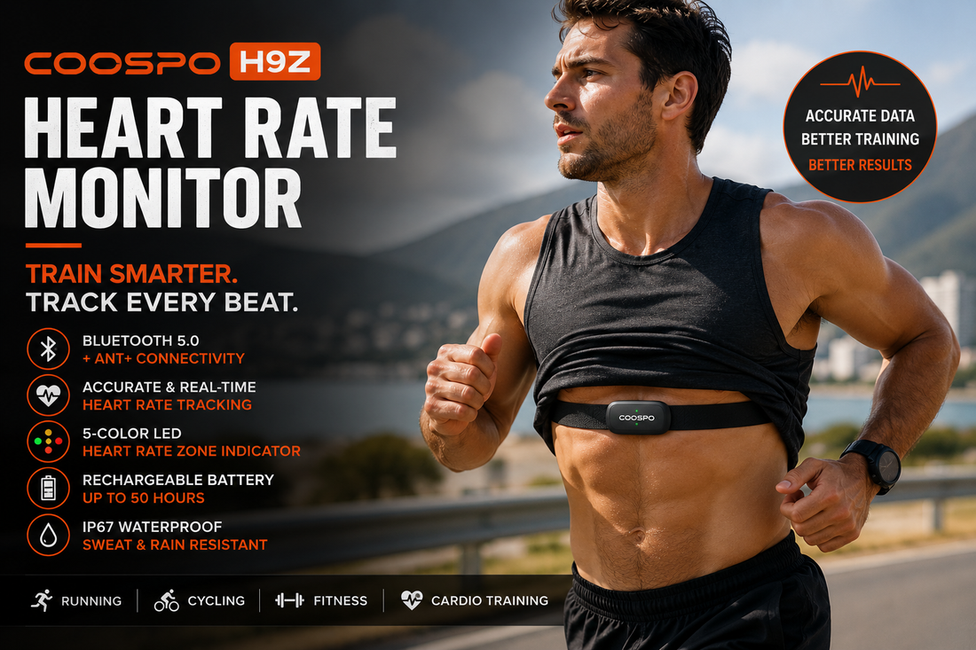 Athlete wearing COOSPO H9Z heart rate monitor chest strap during outdoor running workout with real-time heart rate tracking