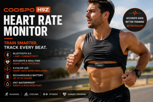 Athlete wearing COOSPO H9Z heart rate monitor chest strap during outdoor running workout with real-time heart rate tracking