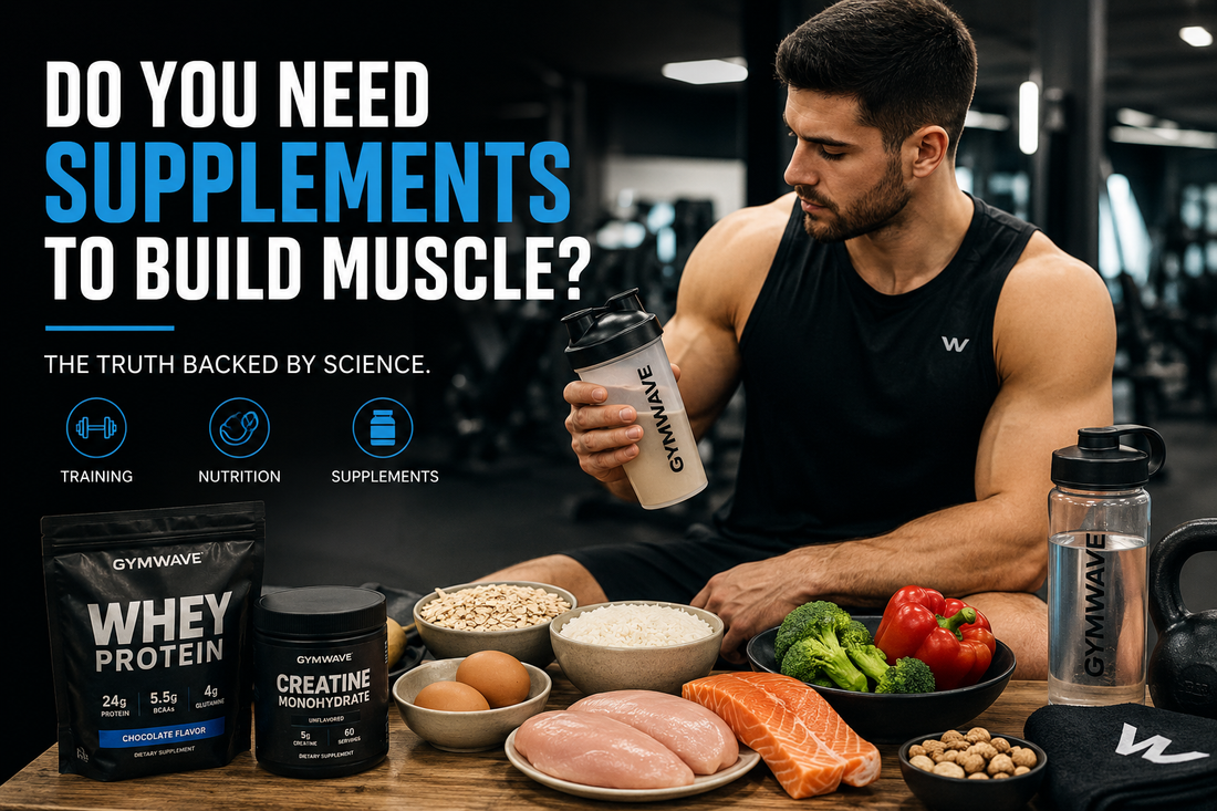 Athlete building muscle naturally with healthy food and protein supplements.