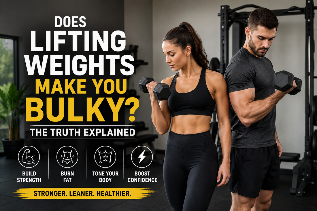 Man and woman lifting dumbbells in a home gym demonstrating that weight training helps build a lean, toned physique rather than making most people bulky.