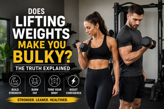 Man and woman lifting dumbbells in a home gym demonstrating that weight training helps build a lean, toned physique rather than making most people bulky.