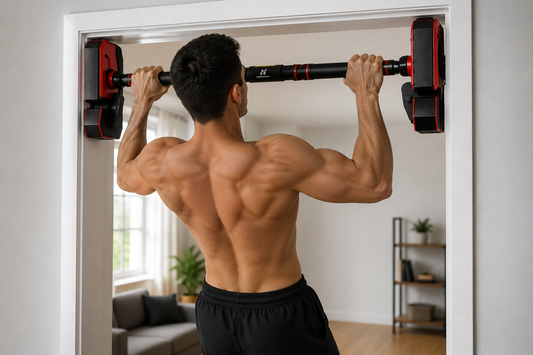 Athletic man performing a pull-up on a heavy-duty doorway pull-up bar in a modern home gym, demonstrating upper body strength training at home.