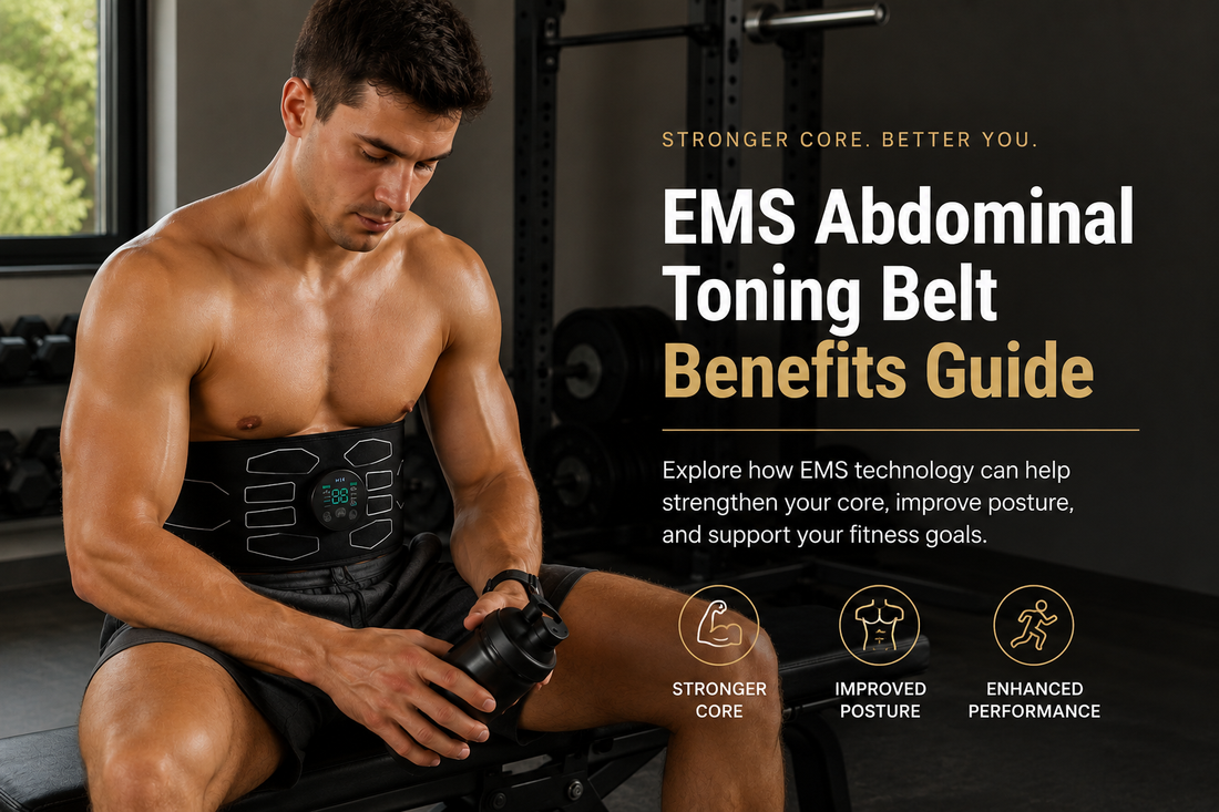 EMS abdominal toning belt being worn during a home fitness session