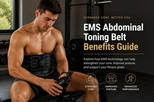 EMS abdominal toning belt being worn during a home fitness session