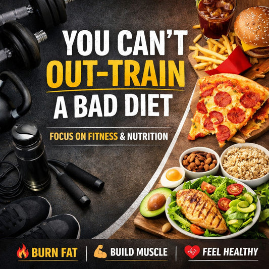 You can’t out-train a bad diet” fitness and nutrition comparison image.
