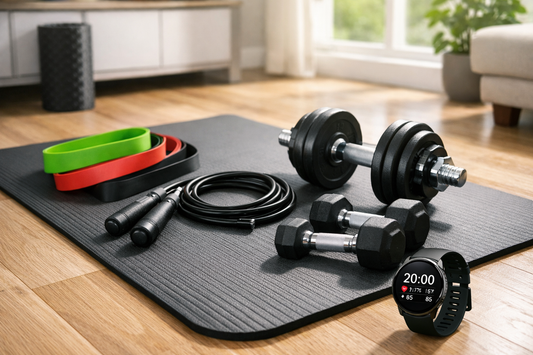 Essential home HIIT workout accessories including resistance bands, jump rope, dumbbells, exercise mat, foam roller, and fitness smartwatch in a modern living room