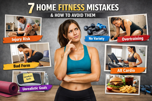 Woman thinking about home workout mistakes surrounded by images showing bad form, overtraining, injury risk, unrealistic fitness goals, poor nutrition, lack of variety, and too much cardio.