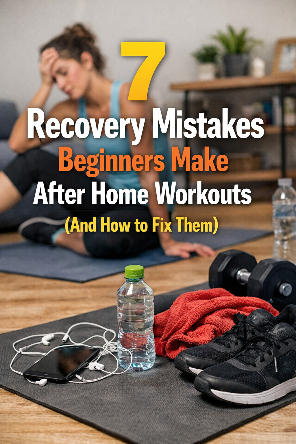 Beginner resting on a yoga mat at home after a workout, surrounded by dumbbells, water bottle, and workout gear, illustrating common post-workout recovery mistakes