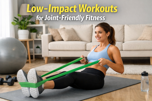 “Woman doing low-impact resistance band workout at home