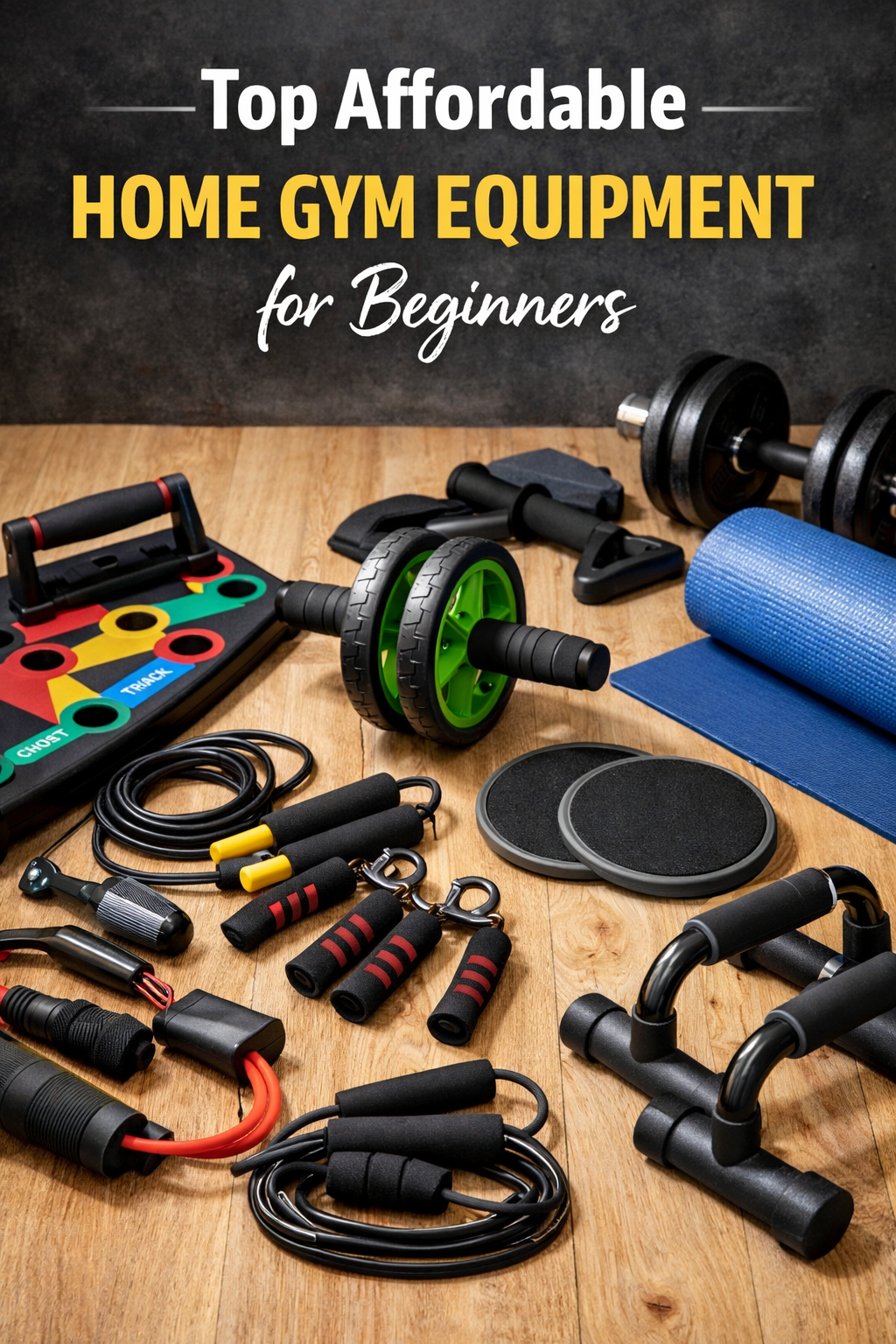 Affordable home gym equipment for beginners including push-up board, ab roller, resistance bands, yoga mat, arm exerciser, and push-up handles arranged on a wooden floor.