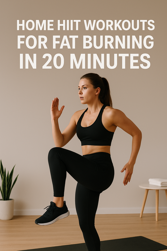 Woman performing a high-intensity home HIIT workout for fat burning, doing high knees in a minimalist indoor space.