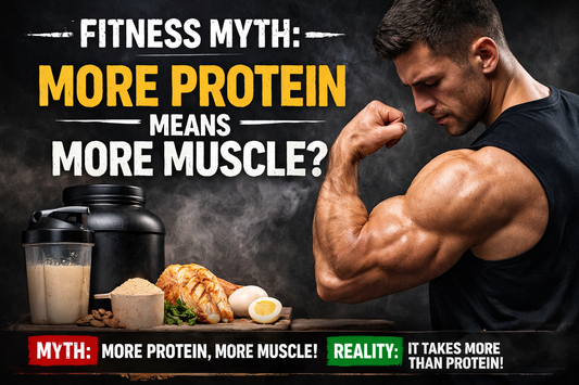 Fitness myth illustration showing protein supplements and food beside a muscular man, questioning whether more protein builds more muscle.