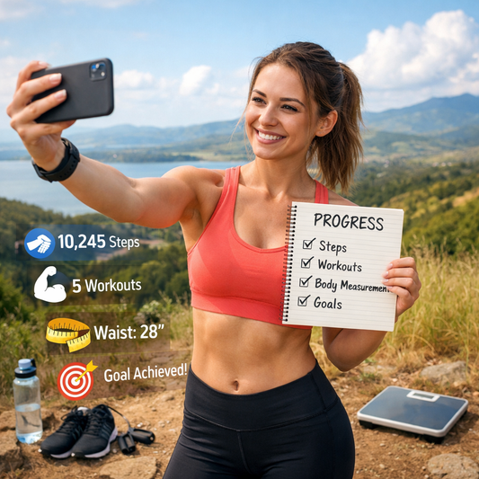 Woman tracking fitness progress at home without a gym using a smartphone and progress checklist