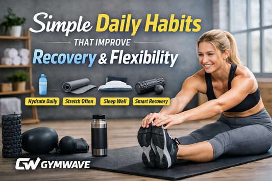 Woman stretching on a fitness mat with recovery tools, illustrating simple daily habits for better recovery and flexibility