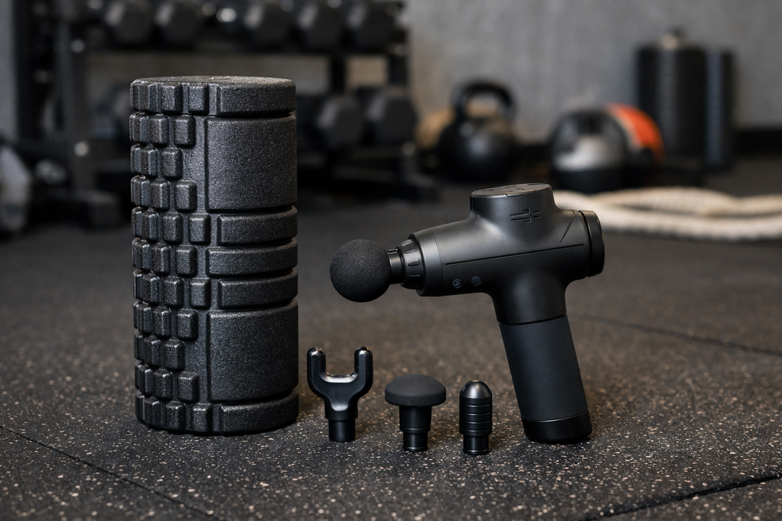 Foam roller and massage gun on gym floor showing real recovery tools for muscle soreness and post workout recovery