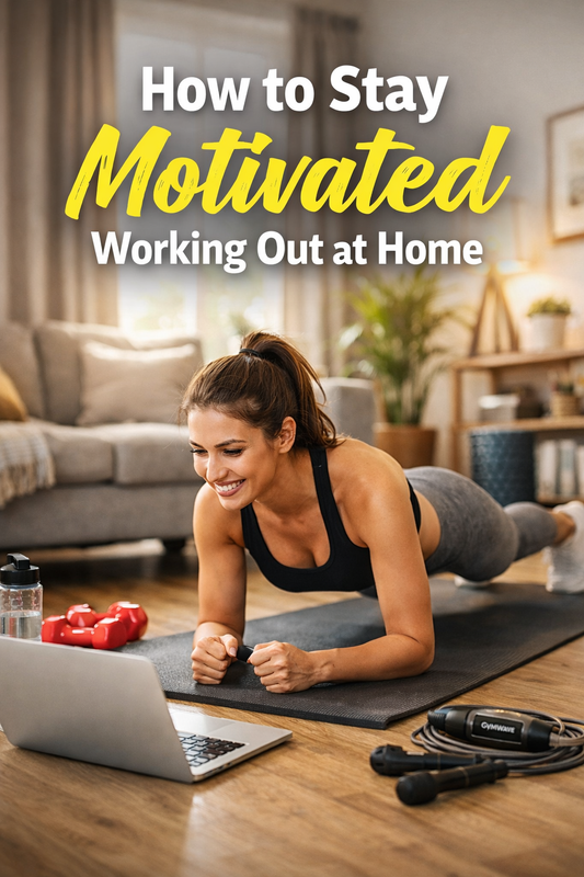 Woman doing a home workout on a yoga mat while following an online fitness session, representing how to stay motivated working out at home
