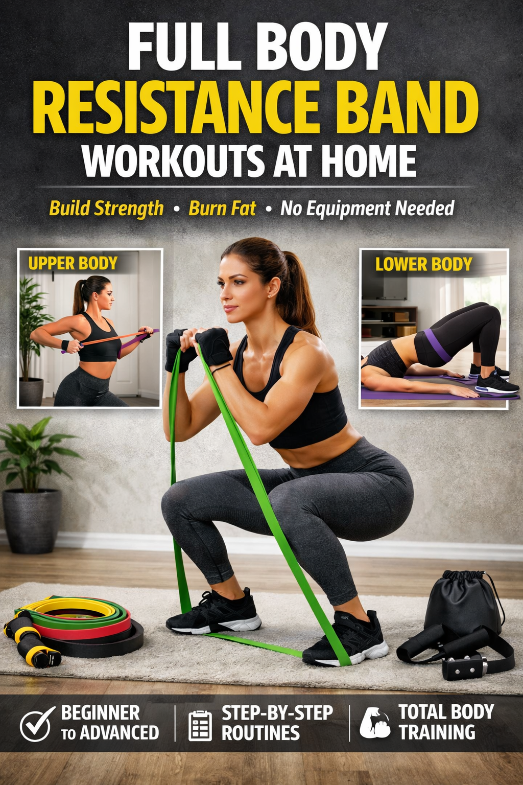Woman performing a full body resistance band workout at home, demonstrating squat, upper body, and lower body exercises using resistance bands.